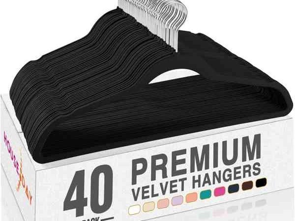 HOUSE DAY Premium Velvet Hangers, Non-Slip Thin Flocked Felt Hangers, Sturdy Clothes Hangers Heavy Duty Coat Hangers & Suit Hangers, Durable Suit Hangers for Closet Space Saving (40 Pack, Black)